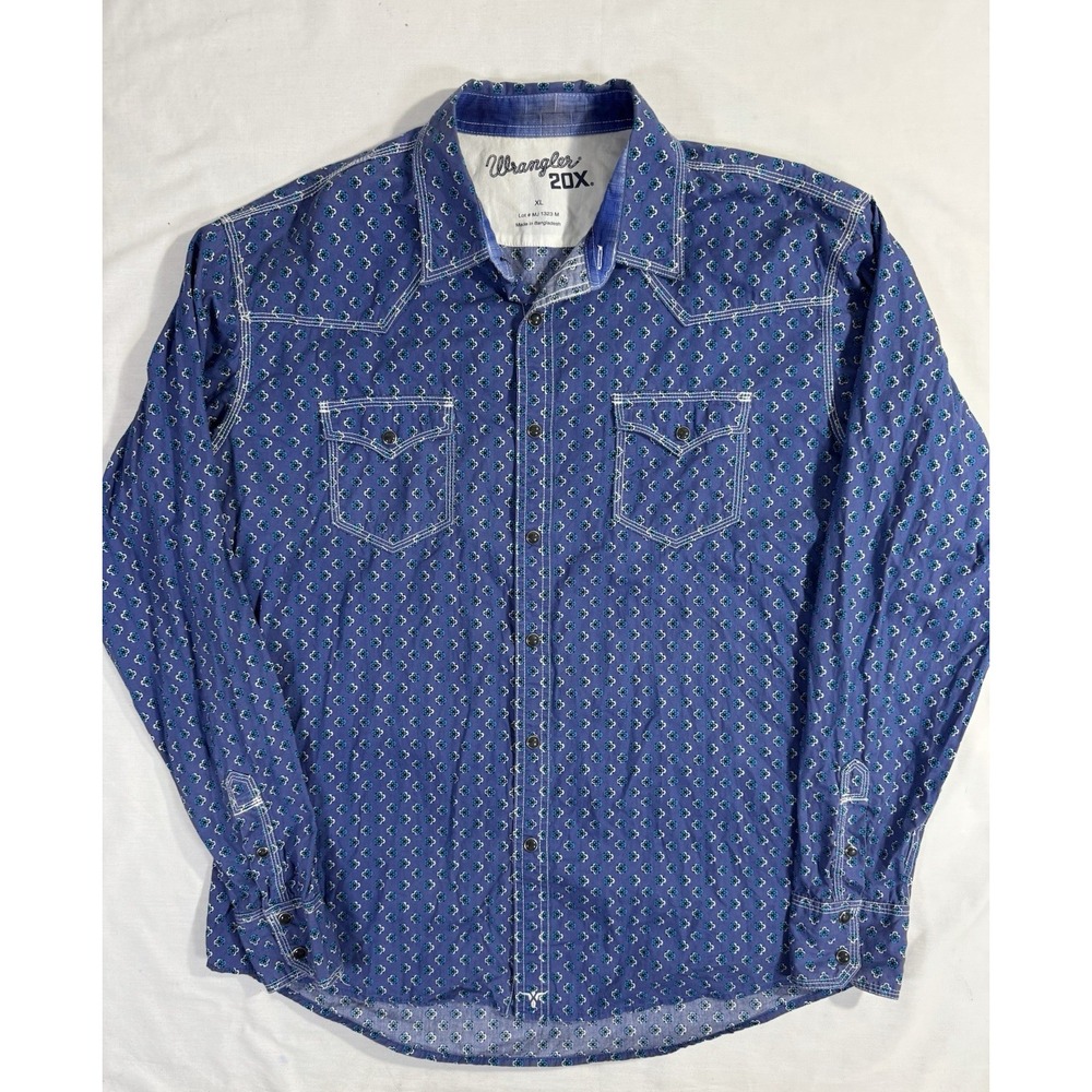 Wrangler 20X Pearl Snap Shirt Mens XL Blue Paisley Long Sleeve Western Stretch